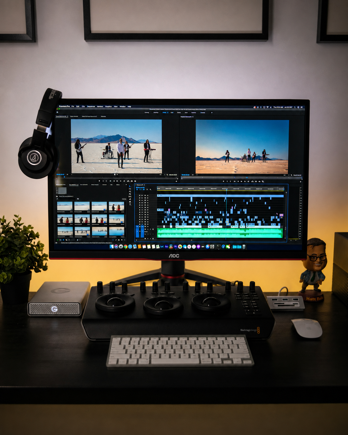 Video editing desk with an AOC 27G2SAE/BK monitor, headphones, and a control panel